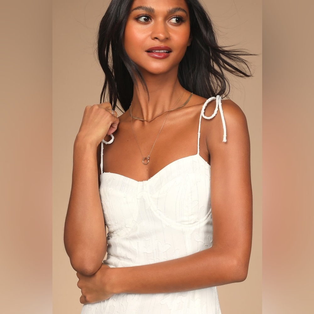 Lulus Loveliest Looks Midi Dress XS White Floral Jacquard Metallic Cottagecore - Picture 2 of 11